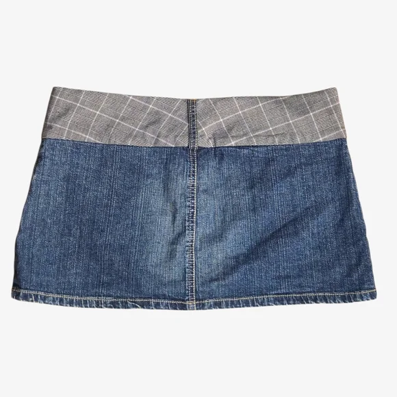 Y2k Rare Heart Moon Star Denim Mini Skirt with Plaid Waistband ! - Picture 3 of 6